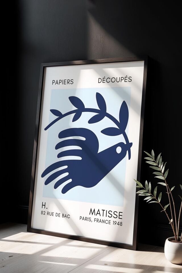 SİYAH - Botanik Serisi Mavi Çiçekli Kuş Matisse Doğal Ahşap Çerçeveli Duvar Tablosu