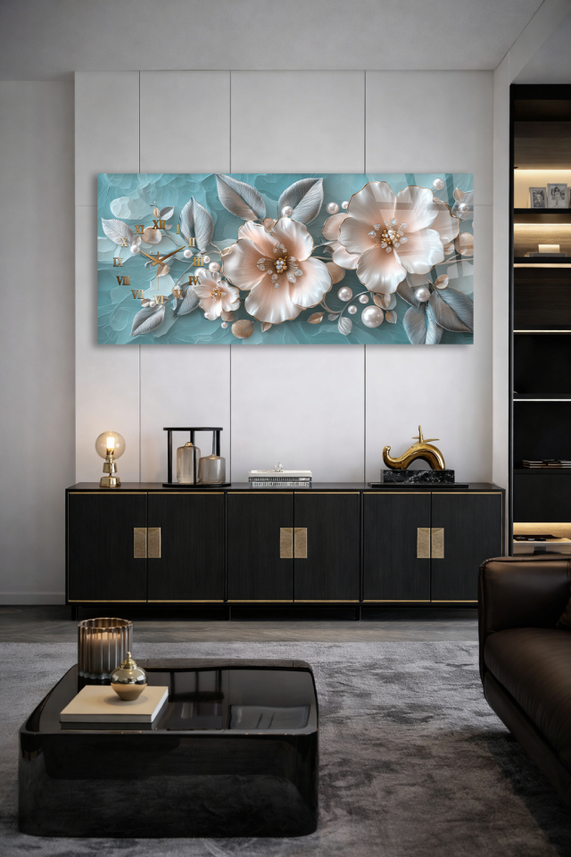 KIRILMAZ CAM DUVAR SAATİ , HEM TABLO HEM SAAT ÇİÇEKLİ İNCİ DETAYLI ZARİF EV OFİS HEDİYESİ