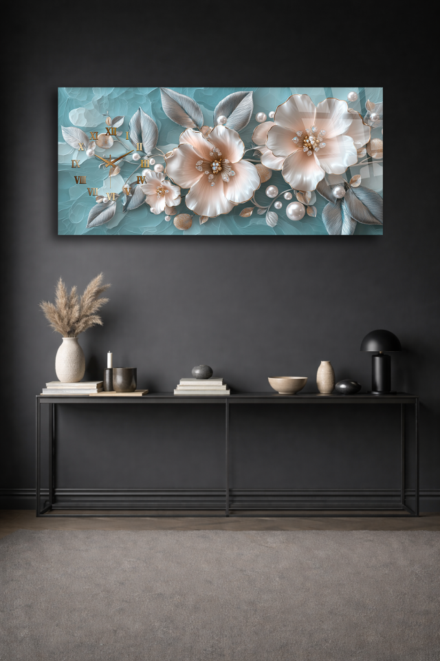 KIRILMAZ CAM DUVAR SAATİ , HEM TABLO HEM SAAT ÇİÇEKLİ İNCİ DETAYLI ZARİF EV OFİS HEDİYESİ