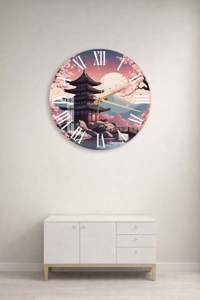 KIRILMAZ CAM DUVAR SAATİ, HEM TABLO HEM SAAT JAPON TAPINAĞI SAKURA MANZARA EV OFİS HEDİYESİ