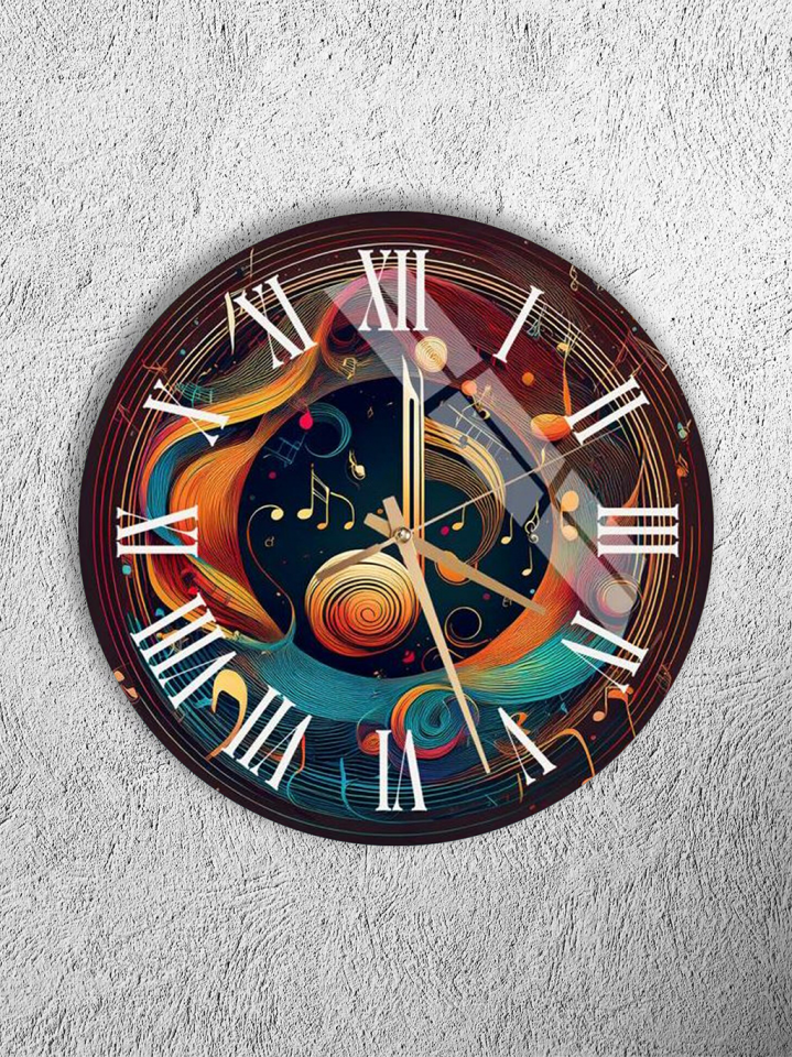 KIRILMAZ CAM DUVAR SAATİ, HEM TABLO HEM SAAT MÜZİK TEMALI RENKLİ SOYUT ROMA RAKAMLI EV OFİS HEDİYESİ