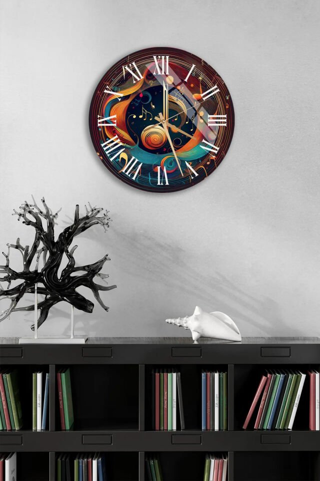 KIRILMAZ CAM DUVAR SAATİ, HEM TABLO HEM SAAT MÜZİK TEMALI RENKLİ SOYUT ROMA RAKAMLI EV OFİS HEDİYESİ