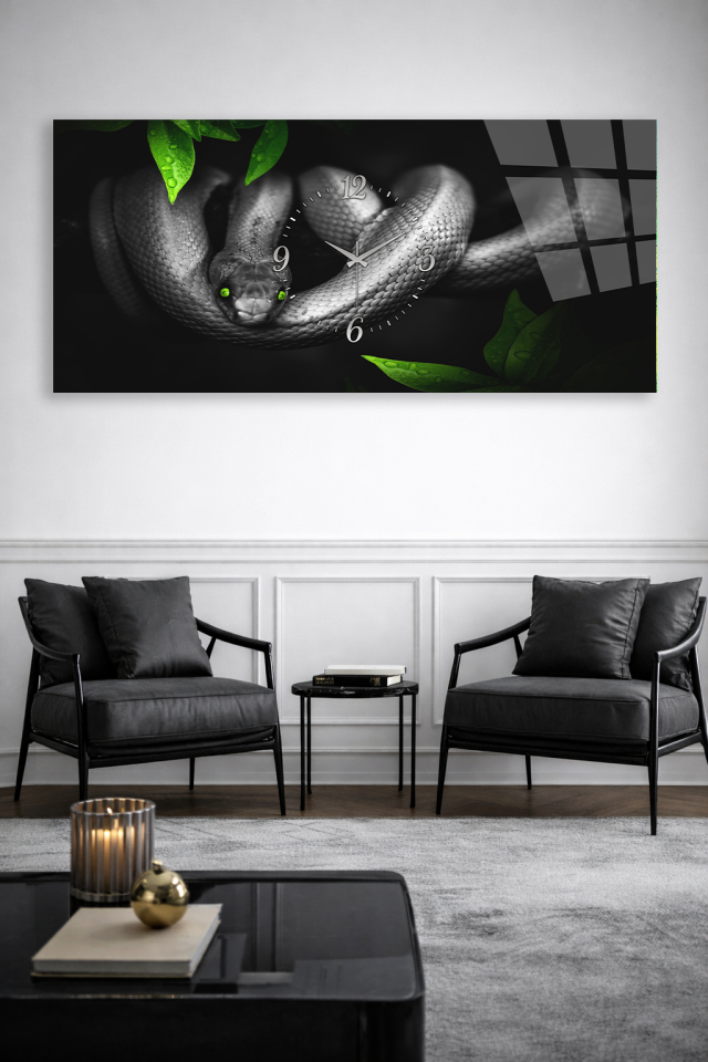KIRILMAZ CAM DUVAR SAATİ , HEM TABLO HEM SAAT SİYAH YEŞİL YILAN SANATSAL TASARIM EV OFİS HEDİYESİ