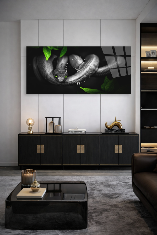 KIRILMAZ CAM DUVAR SAATİ , HEM TABLO HEM SAAT SİYAH YEŞİL YILAN SANATSAL TASARIM EV OFİS HEDİYESİ