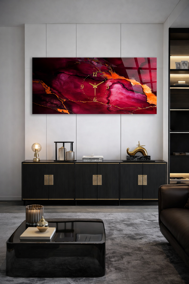 KIRILMAZ CAM DUVAR SAATİ , HEM TABLO HEM SAAT BORDO MERMER ALTIN DAMAR TASARIM EV OFİS HEDİYESİ