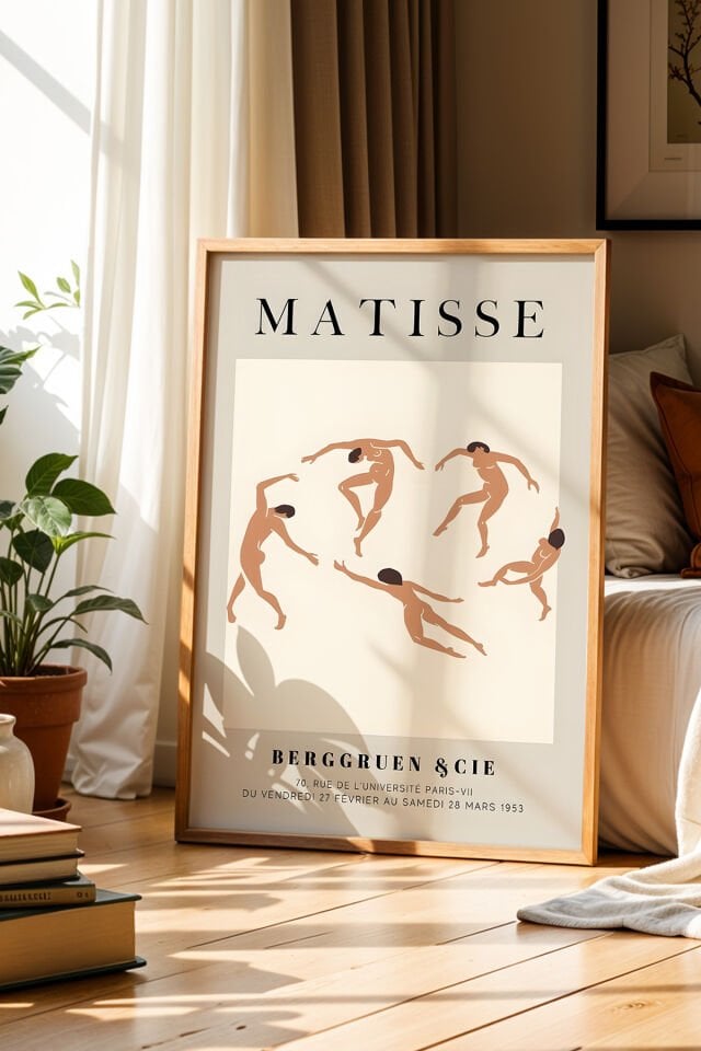 DOĞAL AHŞAP - Matisse Dans Eden Figürler Bej Bohem Minimalist Ahşap Çerçeveli Duvar Tablosu