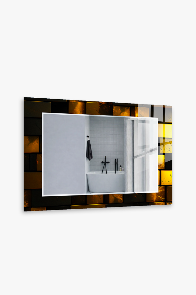 HEM TABLO HEM AYNA ALTIN BLOK 3D GEOMETRİK LÜKS CAM DUVAR AYNASI EV DEKORU