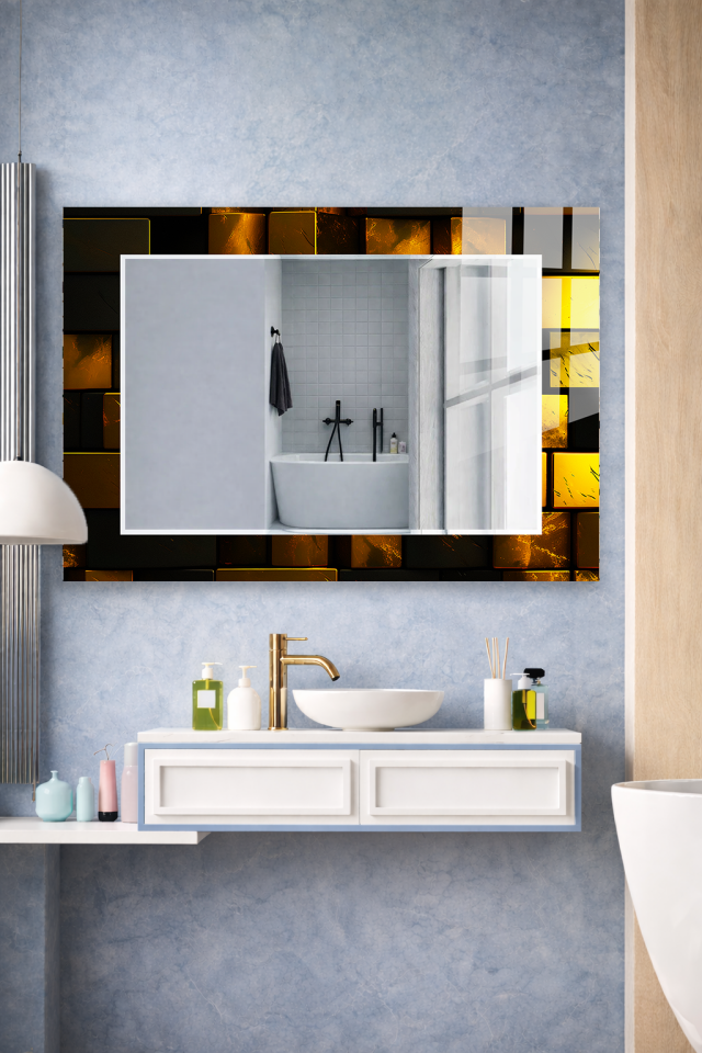 HEM TABLO HEM AYNA ALTIN BLOK 3D GEOMETRİK LÜKS CAM DUVAR AYNASI EV DEKORU