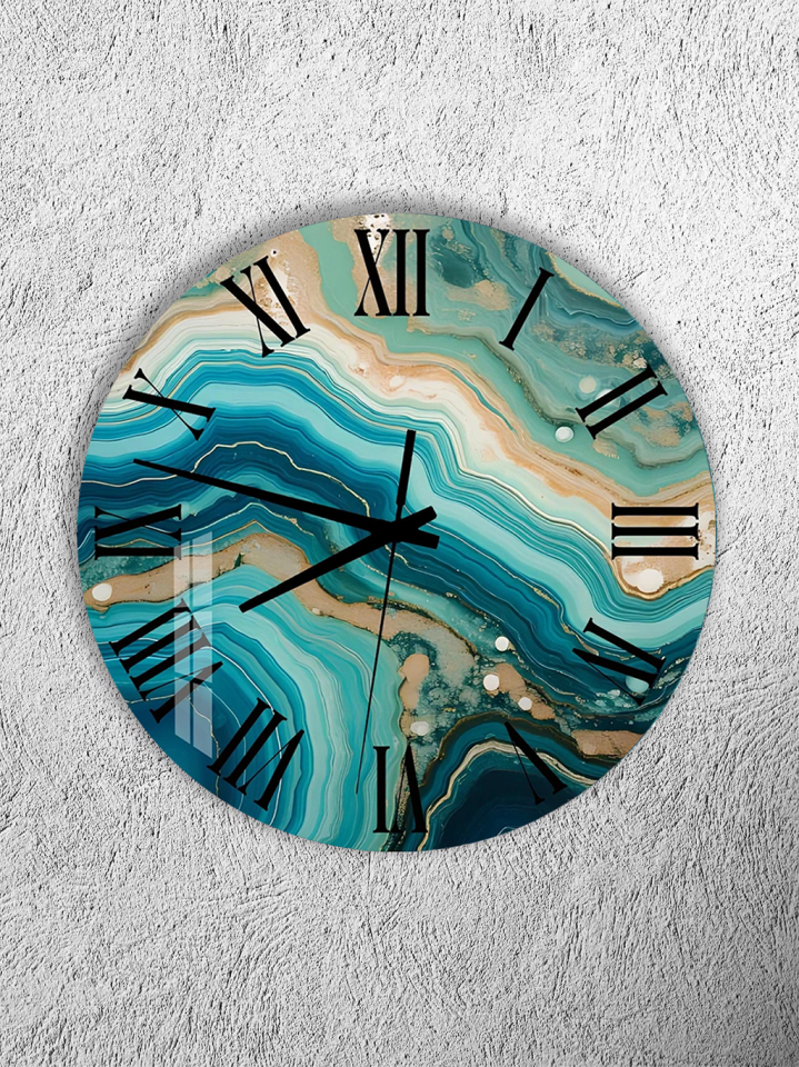 KIRILMAZ CAM DUVAR SAATİ, HEM TABLO HEM SAAT TURKUAZ AKİK MERMER DOĞAL TAŞ EV OFİS HEDİYESİ