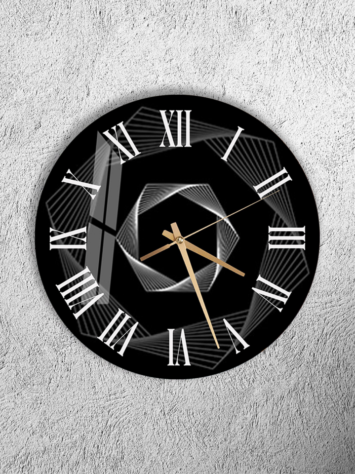 KIRILMAZ CAM DUVAR SAATİ, HEM TABLO HEM SAAT SİYAH GEOMETRİK SPİRAL MODERN EV OFİS HEDİYESİ