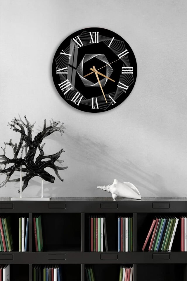 KIRILMAZ CAM DUVAR SAATİ, HEM TABLO HEM SAAT SİYAH GEOMETRİK SPİRAL MODERN EV OFİS HEDİYESİ