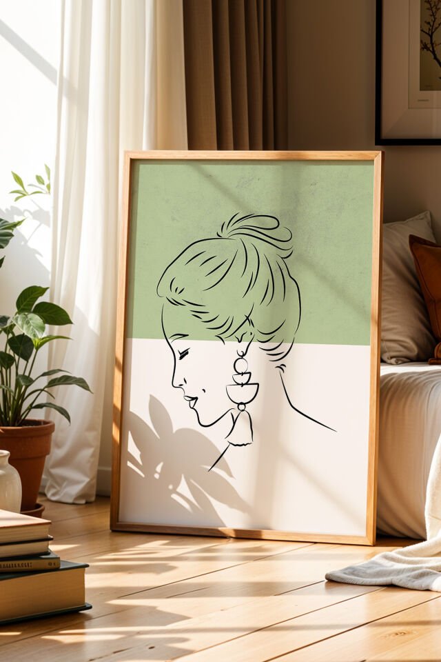 DOĞAL AHŞAP - Minimalist Yeşil Renkli Kadın Portesi Doğal Ahşap Çerçeveli Duvar Tablosu