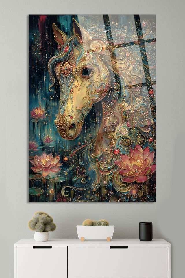 ALTIN DETAYLI MİSTİK AT VE LOTUS ÇİÇEĞİ SANATSAL DEKOR KIRILMAZ CAM TABLO Turkuaz