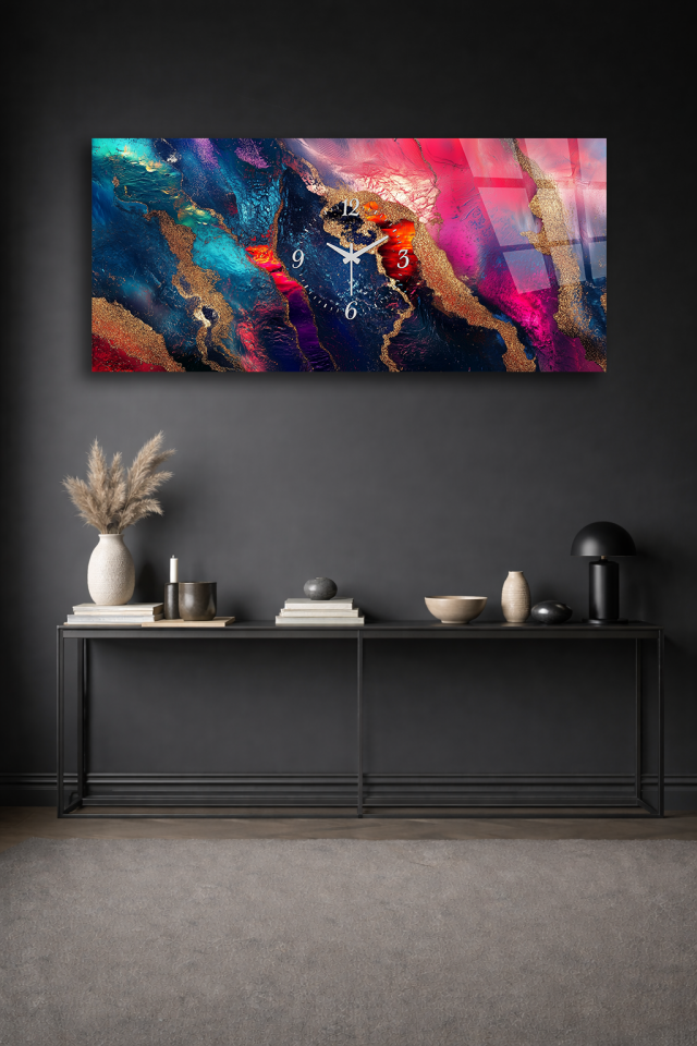 KIRILMAZ CAM DUVAR SAATİ , HEM TABLO HEM SAAT RENKLİ SOYUT ALTIN GEÇİŞLİ EV OFİS HEDİYESİ