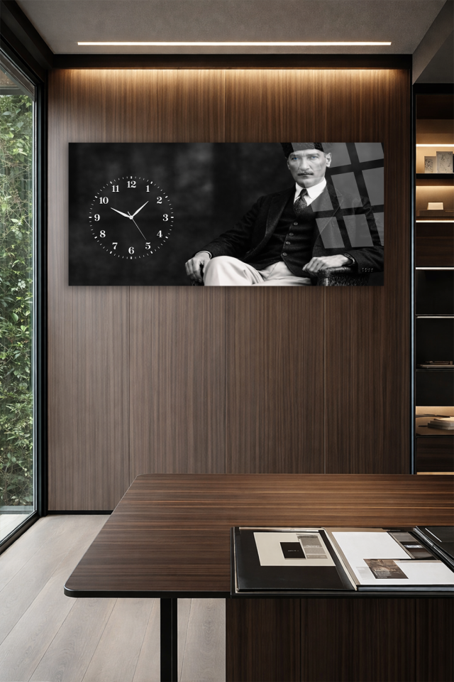 KIRILMAZ CAM DUVAR SAATİ , HEM TABLO HEM SAAT ATATÜRK SİYAH BEYAZ KLASİK TASARIM EV OFİS HEDİYESİ