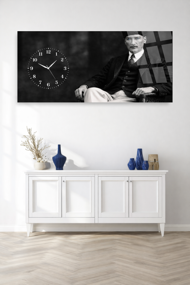 KIRILMAZ CAM DUVAR SAATİ , HEM TABLO HEM SAAT ATATÜRK SİYAH BEYAZ KLASİK TASARIM EV OFİS HEDİYESİ