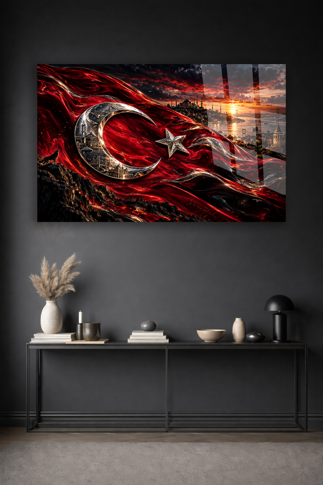 TÜRK BAYRAĞI İSTANBUL SİLUETİ KRİSTAL AY YILDIZ CAM TABLO OFİS HEDİYESİ