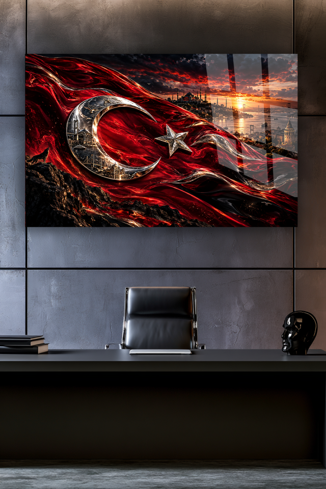 TÜRK BAYRAĞI İSTANBUL SİLUETİ KRİSTAL AY YILDIZ CAM TABLO OFİS HEDİYESİ