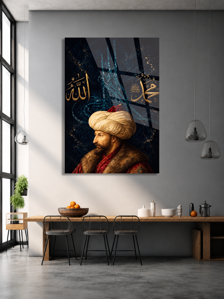 KIRILMAZ CAM TABLO, OSMANLI PADİŞAH PORTRELİ ALLAH MUHAMMED YAZILI DİNİ TARİHİ TASARIM EV OFİS HEDİYESİ