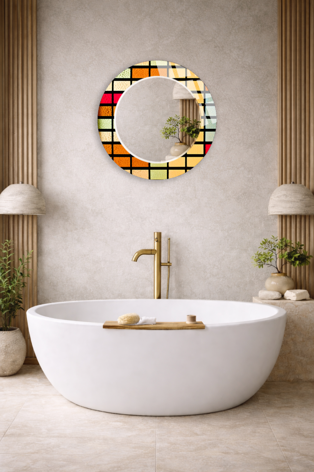 HEM TABLO HEM AYNA RENKLİ VİTRAY GEOMETRİK DESEN CAM DUVAR AYNASI EV DEKORU