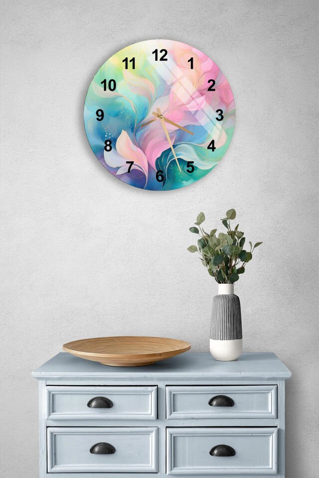KIRILMAZ CAM DUVAR SAATİ, HEM TABLO HEM SAAT PASTEL TON SOYUT DALGA SAYILI EV OFİS HEDİYESİ