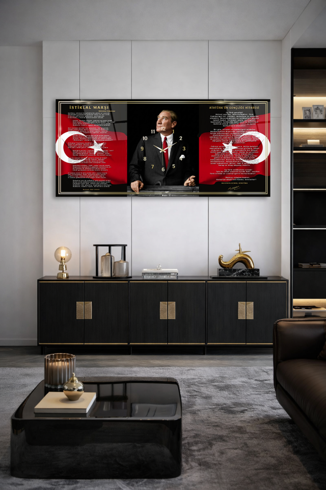KIRILMAZ CAM DUVAR SAATİ , HEM TABLO HEM SAAT ATATÜRK İMZALI ÖZEL TASARIM EV OFİS HEDİYESİ