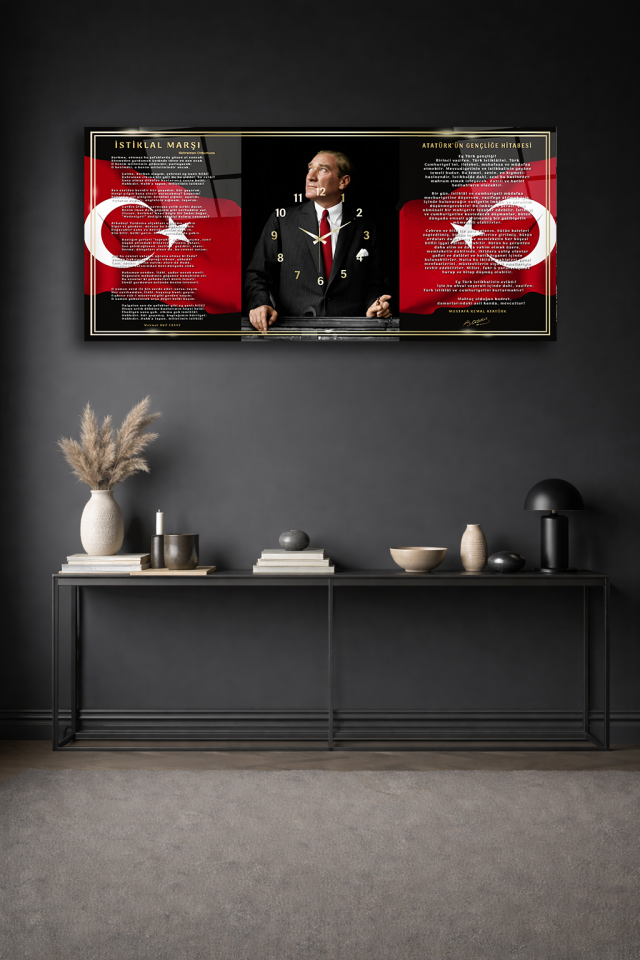 KIRILMAZ CAM DUVAR SAATİ , HEM TABLO HEM SAAT ATATÜRK İMZALI ÖZEL TASARIM EV OFİS HEDİYESİ