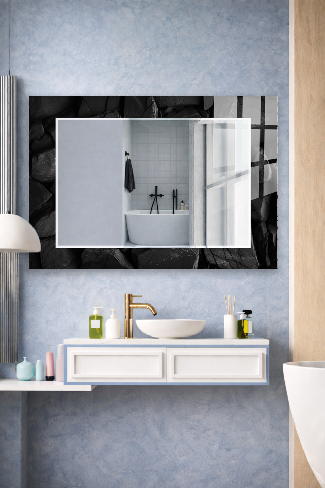 HEM TABLO HEM AYNA SİYAH TAŞ DOKU MODERN CAM DUVAR AYNASI EV DEKORU