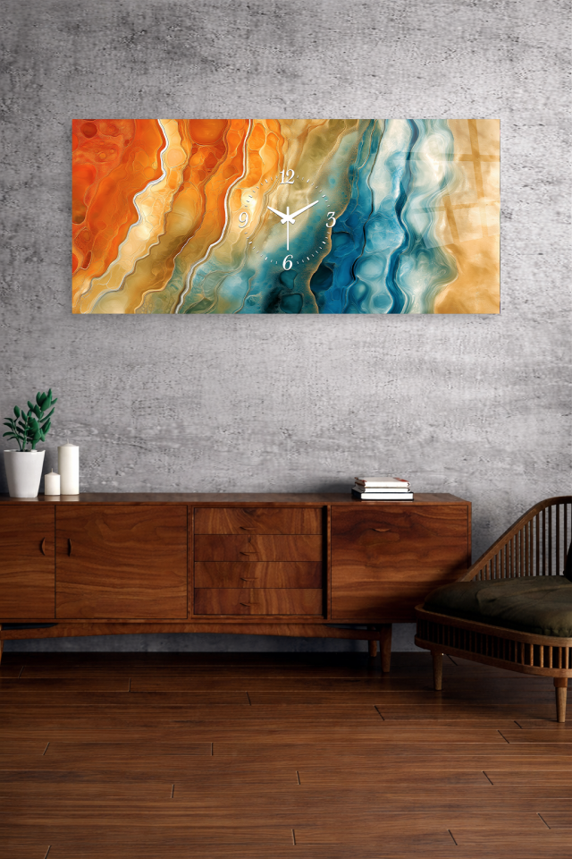KIRILMAZ CAM DUVAR SAATİ , HEM TABLO HEM SAAT SOYUT TURUNCU MAVİ MERMER TASARIM EV OFİS HEDİYESİ