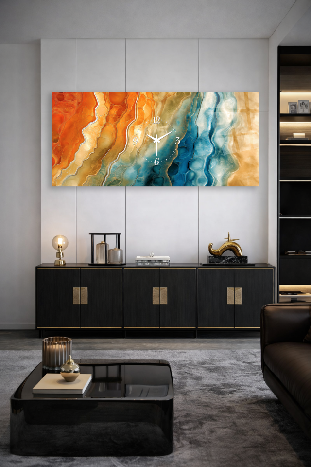 KIRILMAZ CAM DUVAR SAATİ , HEM TABLO HEM SAAT SOYUT TURUNCU MAVİ MERMER TASARIM EV OFİS HEDİYESİ