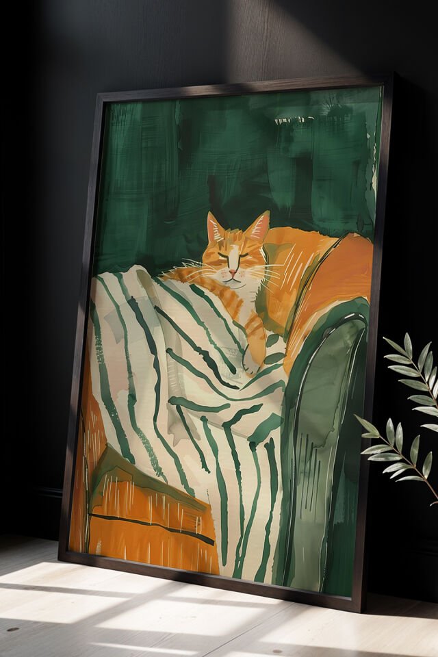 SİYAH - Soyut Kedi Çizimli Doğal Ahşap Çerçeveli Duvar Tablosu