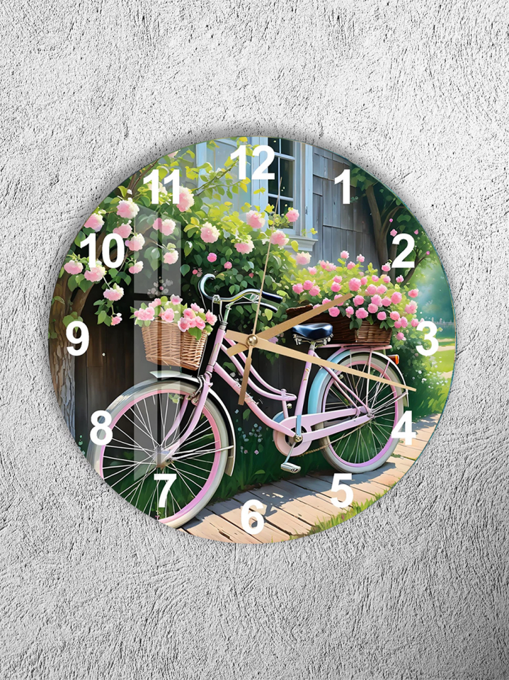 KIRILMAZ CAM DUVAR SAATİ, HEM TABLO HEM SAAT PEMBE BİSİKLET ÇİÇEKLİ BAHÇE ROMANTİK TASARIM EV OFİS HEDİYESİ