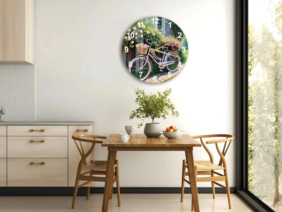 KIRILMAZ CAM DUVAR SAATİ, HEM TABLO HEM SAAT PEMBE BİSİKLET ÇİÇEKLİ BAHÇE ROMANTİK TASARIM EV OFİS HEDİYESİ