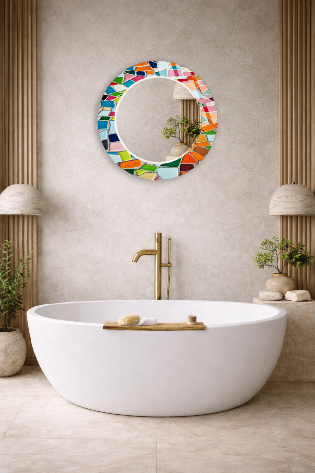 HEM TABLO HEM AYNA RENKLİ MOZAIK CAM PARÇA DESEN CAM DUVAR AYNASI EV DEKORU