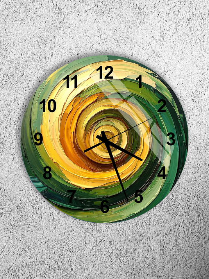 KIRILMAZ CAM DUVAR SAATİ, HEM TABLO HEM SAAT YEŞİL SARI SPİRAL SOYUT SAYILI EV OFİS HEDİYESİ
