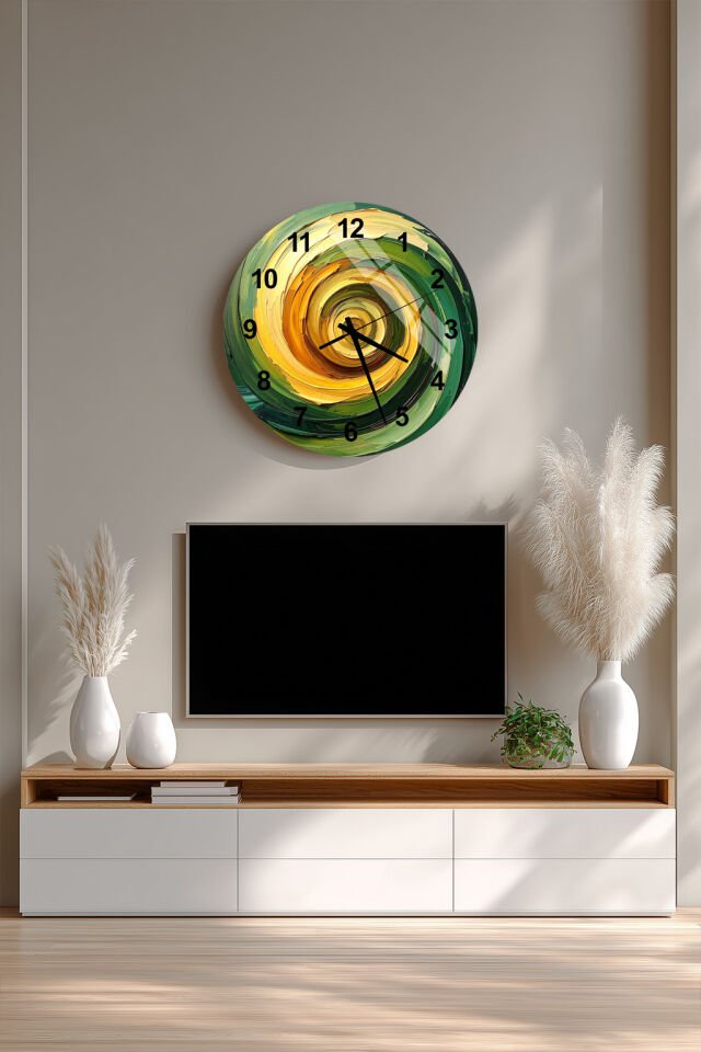 KIRILMAZ CAM DUVAR SAATİ, HEM TABLO HEM SAAT YEŞİL SARI SPİRAL SOYUT SAYILI EV OFİS HEDİYESİ