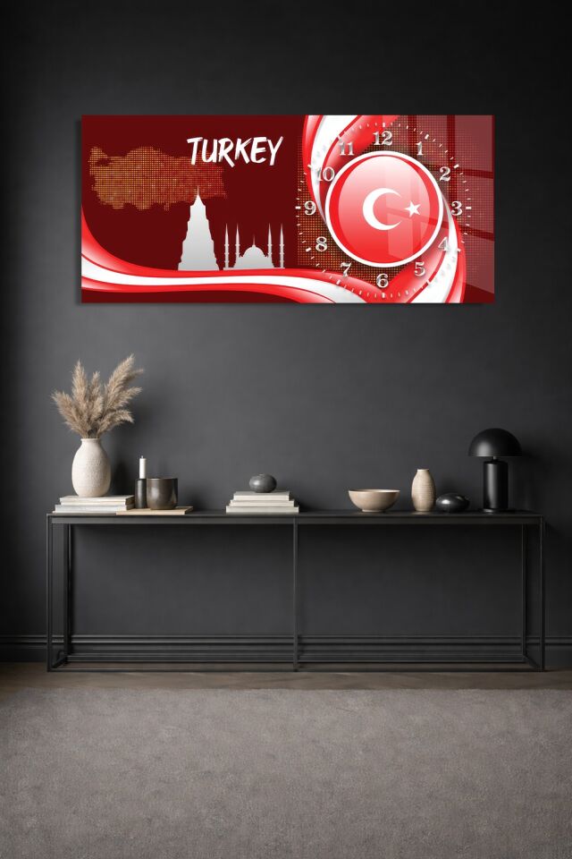 KIRILMAZ CAM DUVAR SAATİ, HEM TABLO HEM SAAT TÜRKİYE HARİTASI AY YILDIZ İSTANBUL SİLUETLİ KIRMIZI TASARIM EV OFİS HEDİYESİ