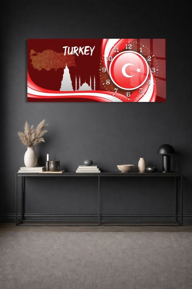 KIRILMAZ CAM DUVAR SAATİ, HEM TABLO HEM SAAT TÜRKİYE HARİTASI AY YILDIZ İSTANBUL SİLUETLİ KIRMIZI TASARIM EV OFİS HEDİYESİ