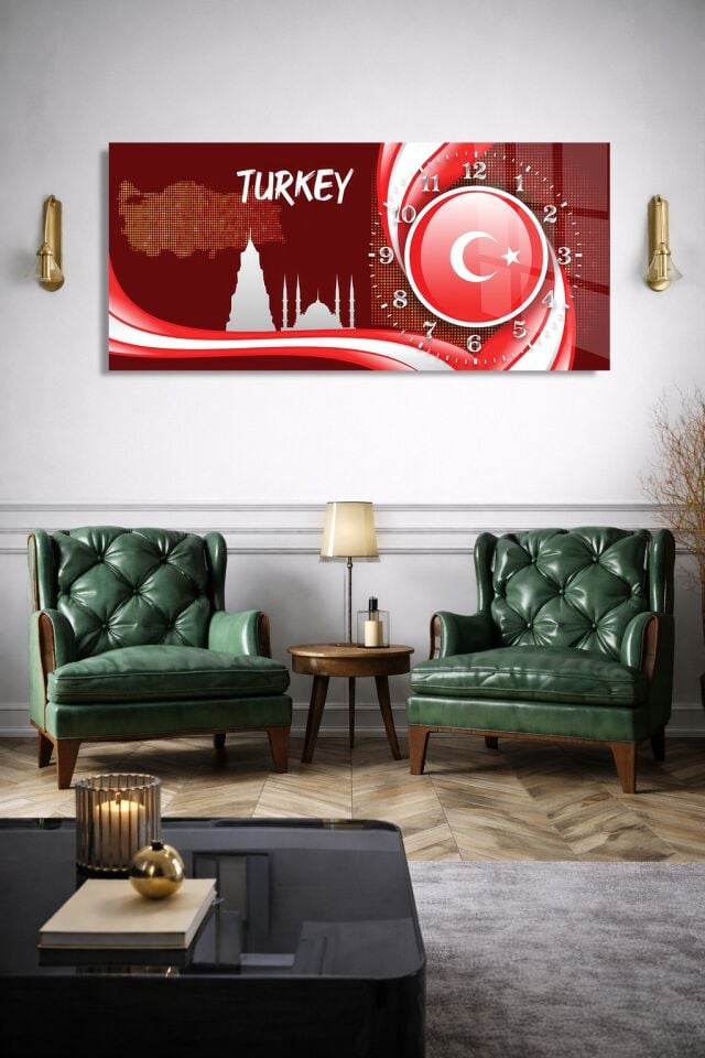 KIRILMAZ CAM DUVAR SAATİ, HEM TABLO HEM SAAT TÜRKİYE HARİTASI AY YILDIZ İSTANBUL SİLUETLİ KIRMIZI TASARIM EV OFİS HEDİYESİ