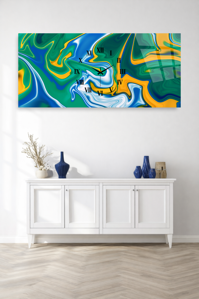 KIRILMAZ CAM DUVAR SAATİ , HEM TABLO HEM SAAT YEŞİL MAVİ SOYUT DALGA TASARIM EV OFİS HEDİYESİ