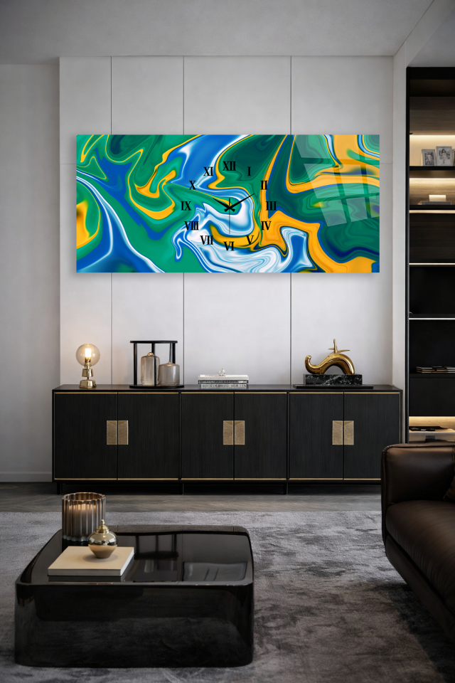 KIRILMAZ CAM DUVAR SAATİ , HEM TABLO HEM SAAT YEŞİL MAVİ SOYUT DALGA TASARIM EV OFİS HEDİYESİ
