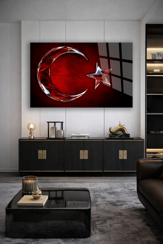 KIRMIZI ZEMİN KRİSTAL AY YILDIZ FİGÜRLÜ DEKORATİF CAM TABLO OFİS HEDİYESİ