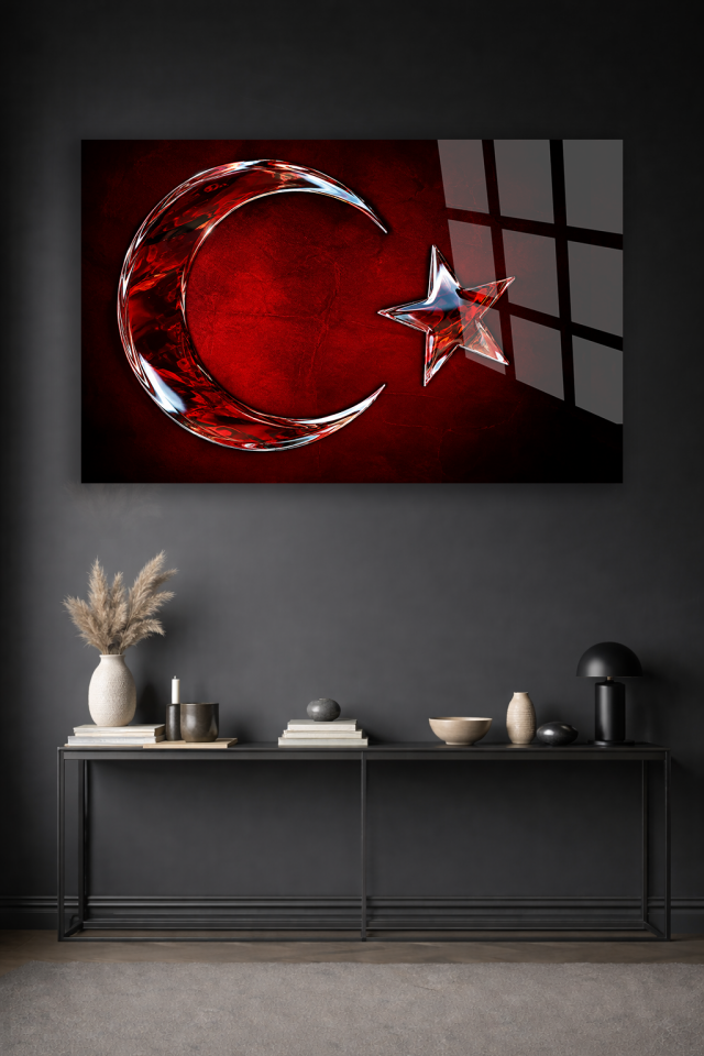 KIRMIZI ZEMİN KRİSTAL AY YILDIZ FİGÜRLÜ DEKORATİF CAM TABLO OFİS HEDİYESİ