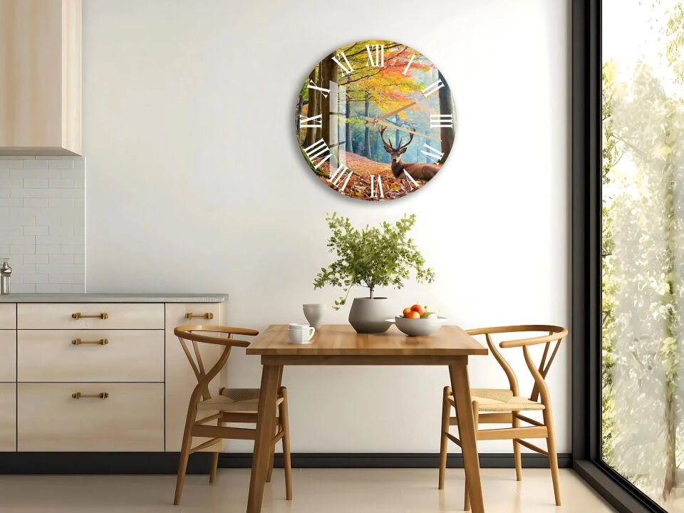 KIRILMAZ CAM DUVAR SAATİ, HEM TABLO HEM SAAT SONBAHAR ORMAN GEYİK DOĞA MANZARASI EV OFİS HEDİYESİ