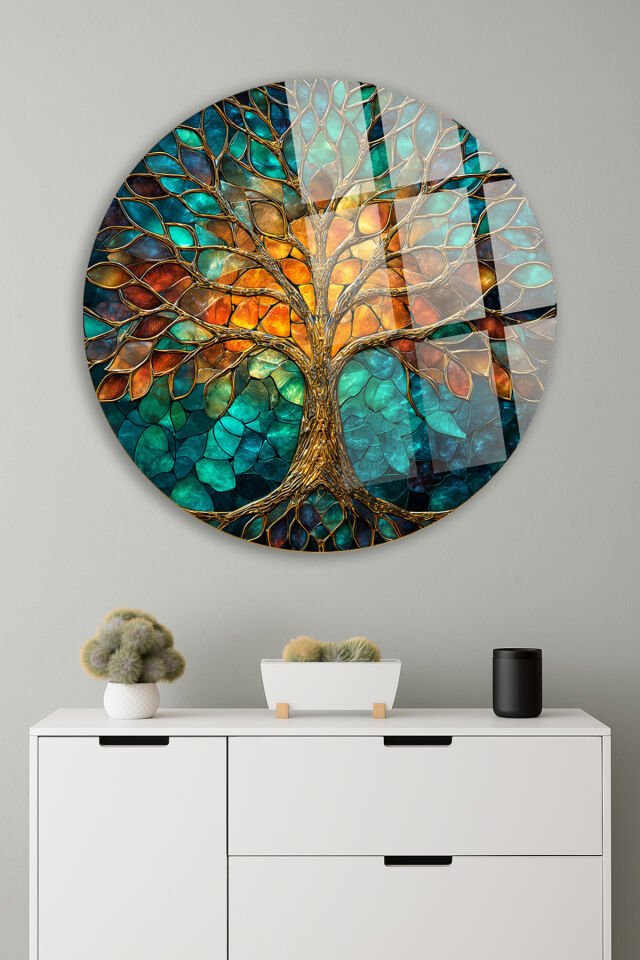 TURKUAZ AMBER YAŞAM AĞACI VİTRAY DESEN KIRILMAZ LÜKS CAM TABLO Turkuaz
