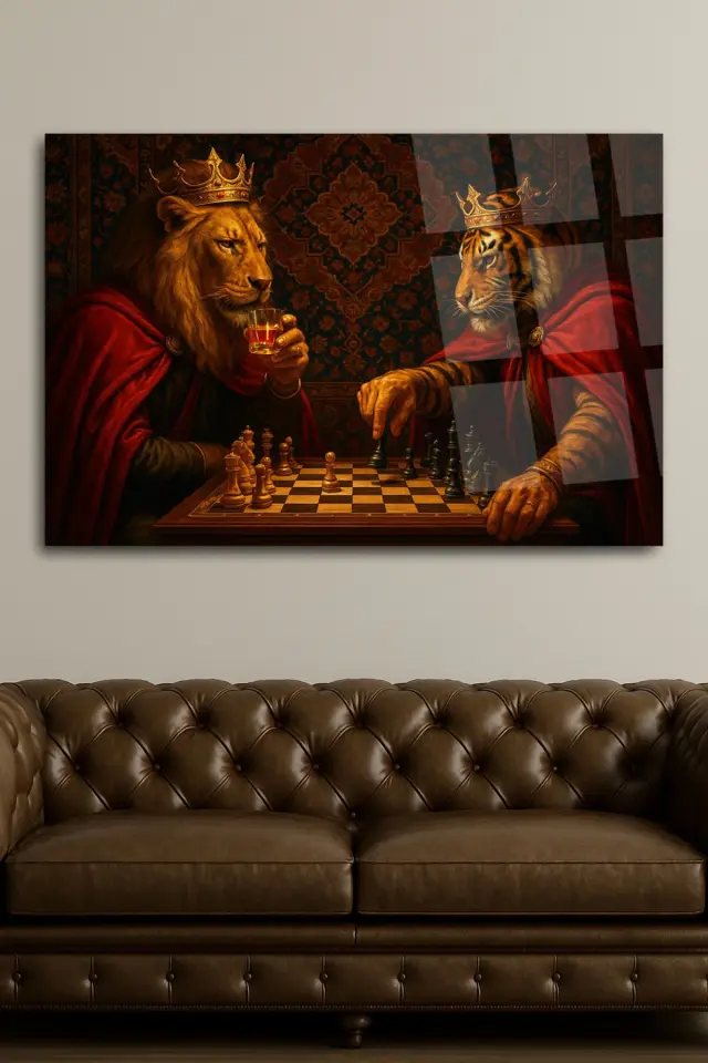 ASLAN KRAL VE KAPLAN KRAL SANTRANÇ MAÇI TABLO CAM TABLO EV HEDİYESİ ULTRA CANLI RENKLER Kırmızı