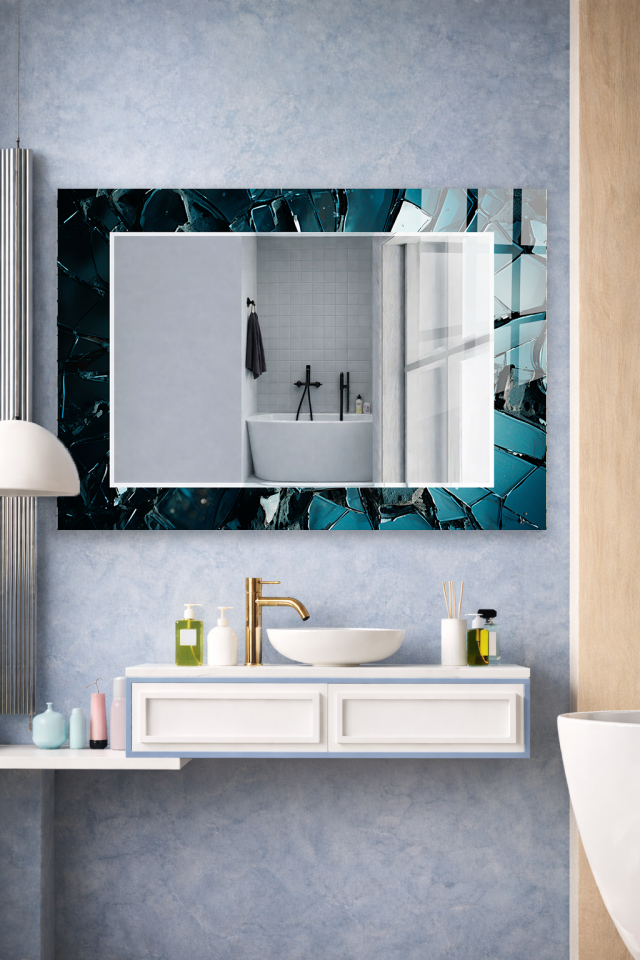 HEM TABLO HEM AYNA BUZ KIRIKLARI MAVİ CAM EFEKT CAM DUVAR AYNASI EV DEKORU