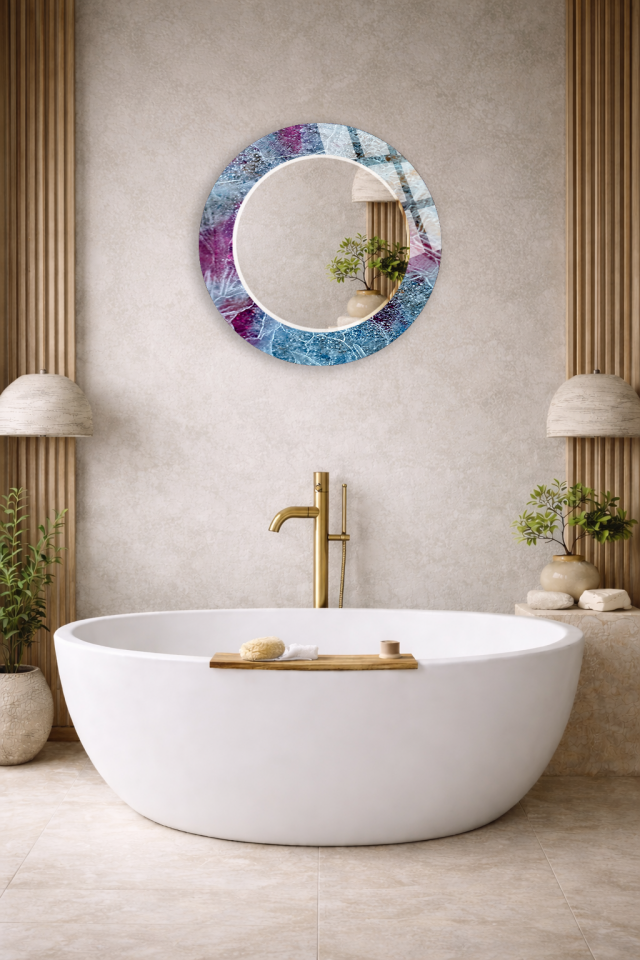 HEM TABLO HEM AYNA SOĞUK TON BUZ KRİSTAL DESEN CAM DUVAR AYNASI EV DEKORU