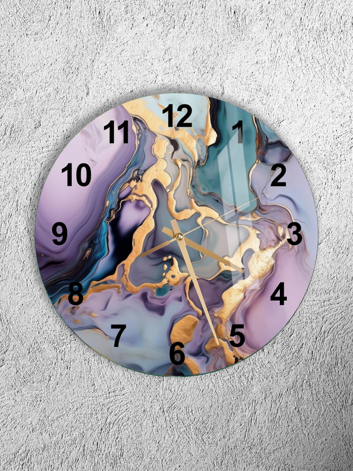 KIRILMAZ CAM DUVAR SAATİ, HEM TABLO HEM SAAT MOR MAVİ ALTIN DAMARLI MERMER EV OFİS HEDİYESİ