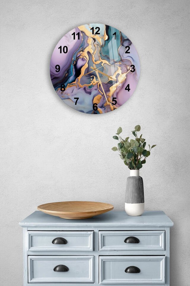 KIRILMAZ CAM DUVAR SAATİ, HEM TABLO HEM SAAT MOR MAVİ ALTIN DAMARLI MERMER EV OFİS HEDİYESİ